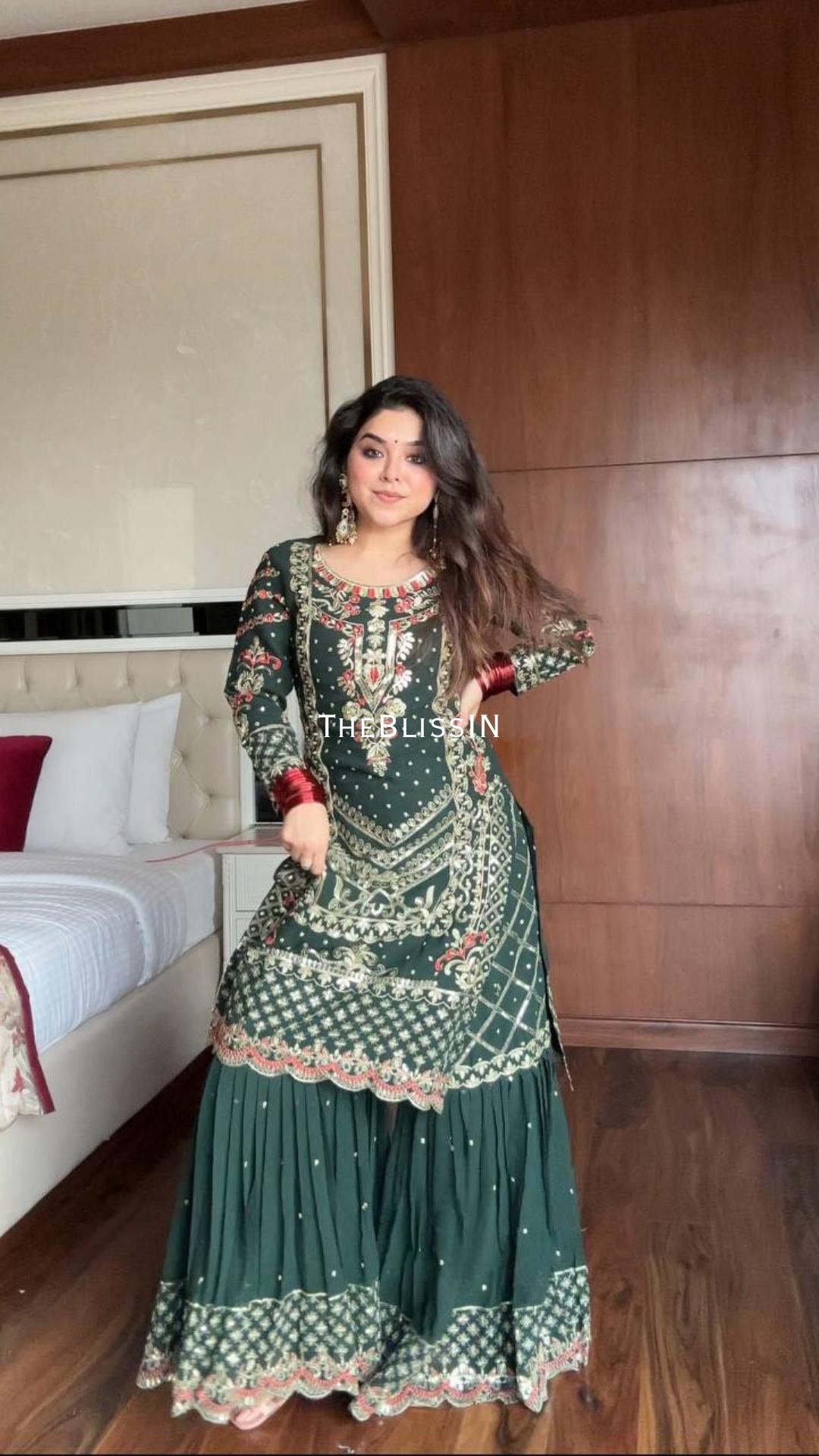 Pure Pakistani Wedding Wear Sharara Suit Set In Faux Georgette and Embroidered Dupatta
