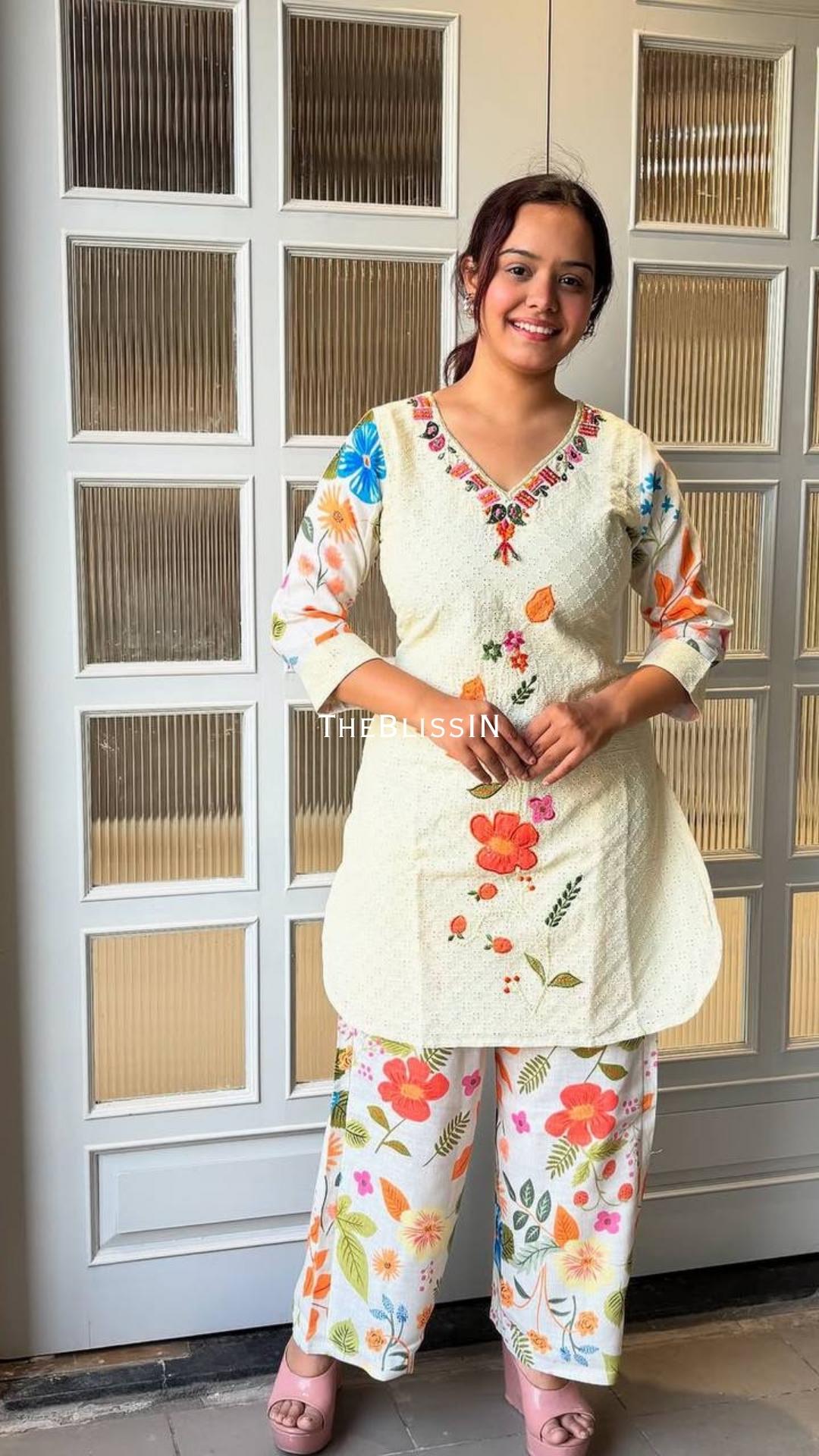 Cream Cotton Embroidered Kurti with Floral Print Pants Comfortable Summer Ethnic Wear