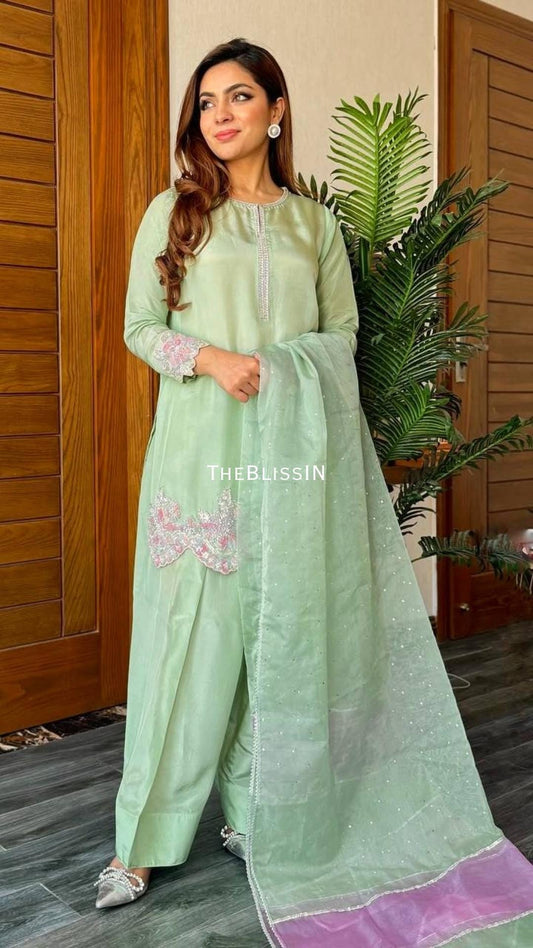 Mint Green  Heavy Crepe Kurti Suit Set with Embroidered Farshi Palazzo and Dupatta