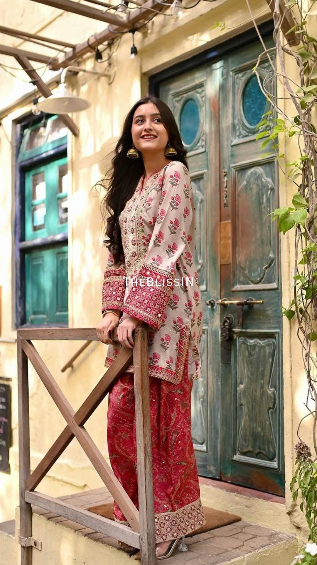 Floral Embroidered Crepe Kurti Suit, Farshi Palazzo, Mirror Work