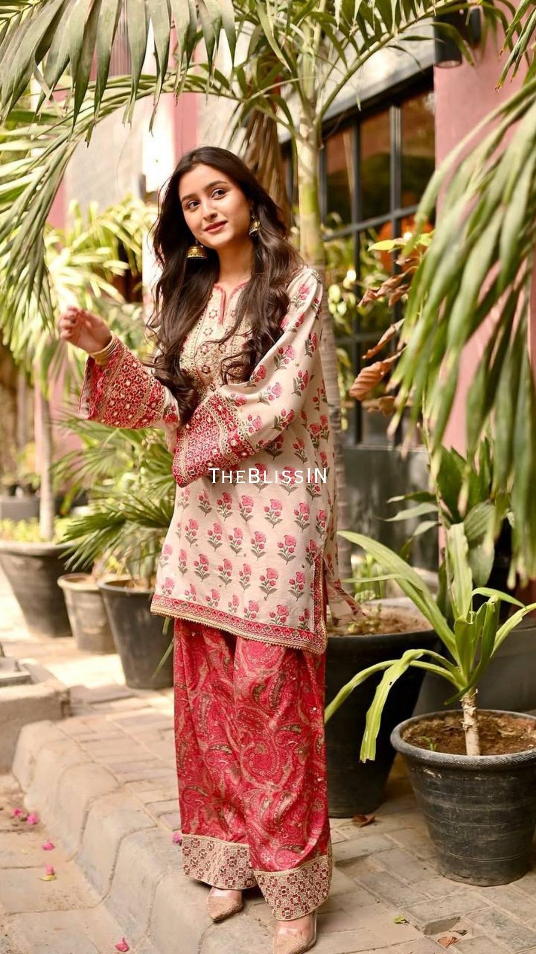 Floral Embroidered Crepe Kurti Suit, Farshi Palazzo, Mirror Work