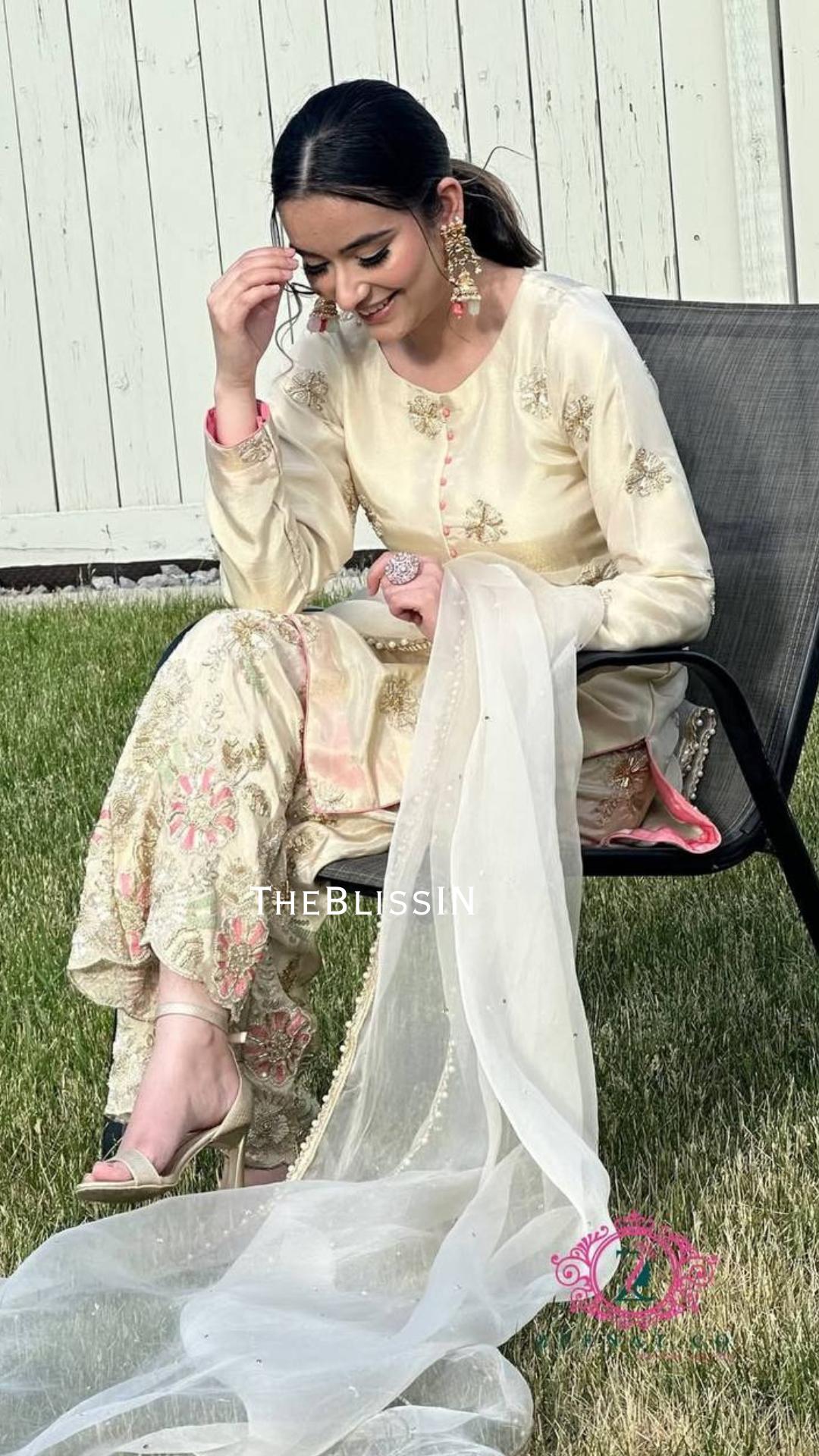 Cream Chinon Silk Embroidered Kurti & Palazzo With Pearl Organza Dupatta, Wedding Guest Outfit