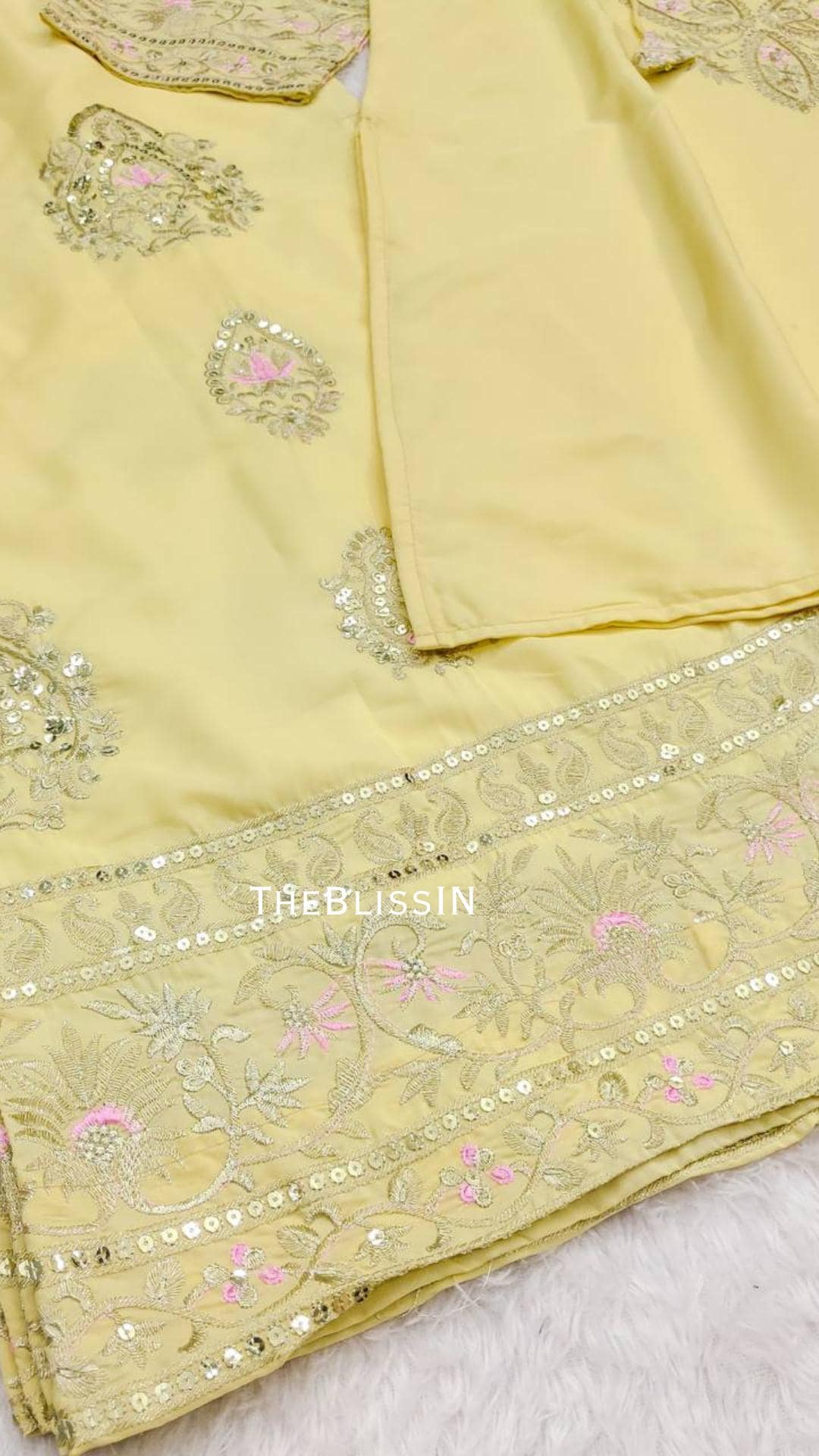 Lemon Yellow Crepe Silk Kurti Palazzo Suit, Embroidered Indian Outfit