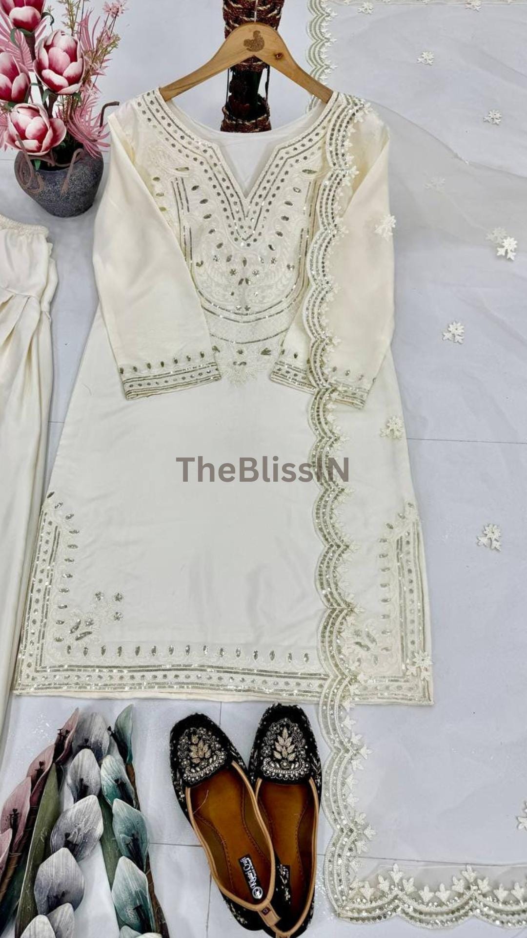 White Natural Silk Embroidered Salwar Suit Set with Palazzo & Soft Net Dupatta