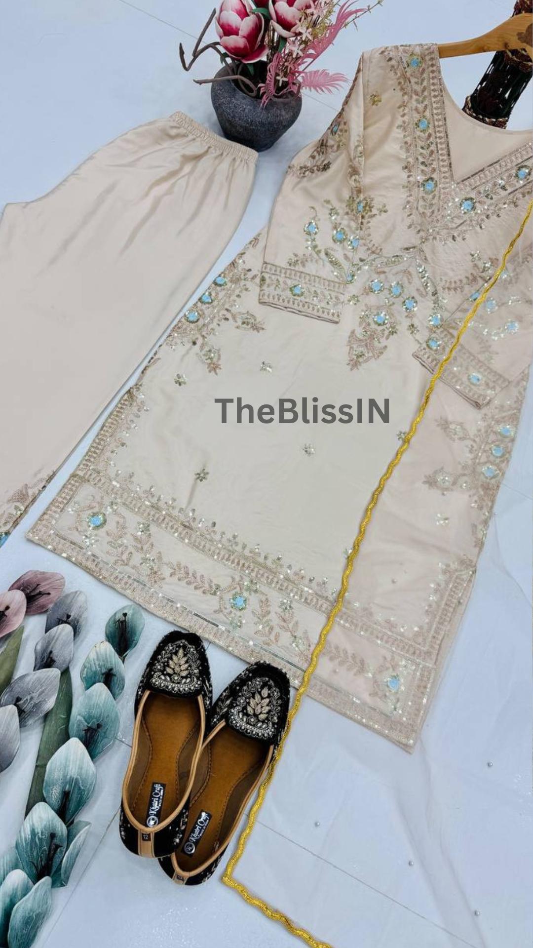 Exclusive Beige Natural Silk Embroidery Kurta Set with Four-Side Lace Dupatta