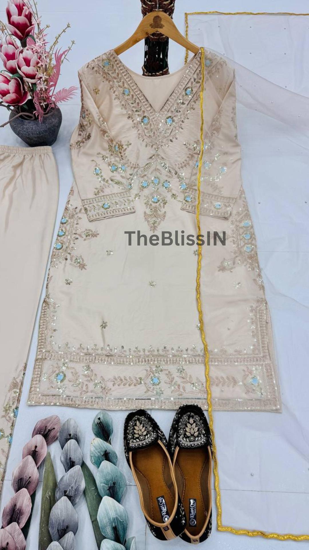 Exclusive Beige Natural Silk Embroidery Kurta Set with Four-Side Lace Dupatta