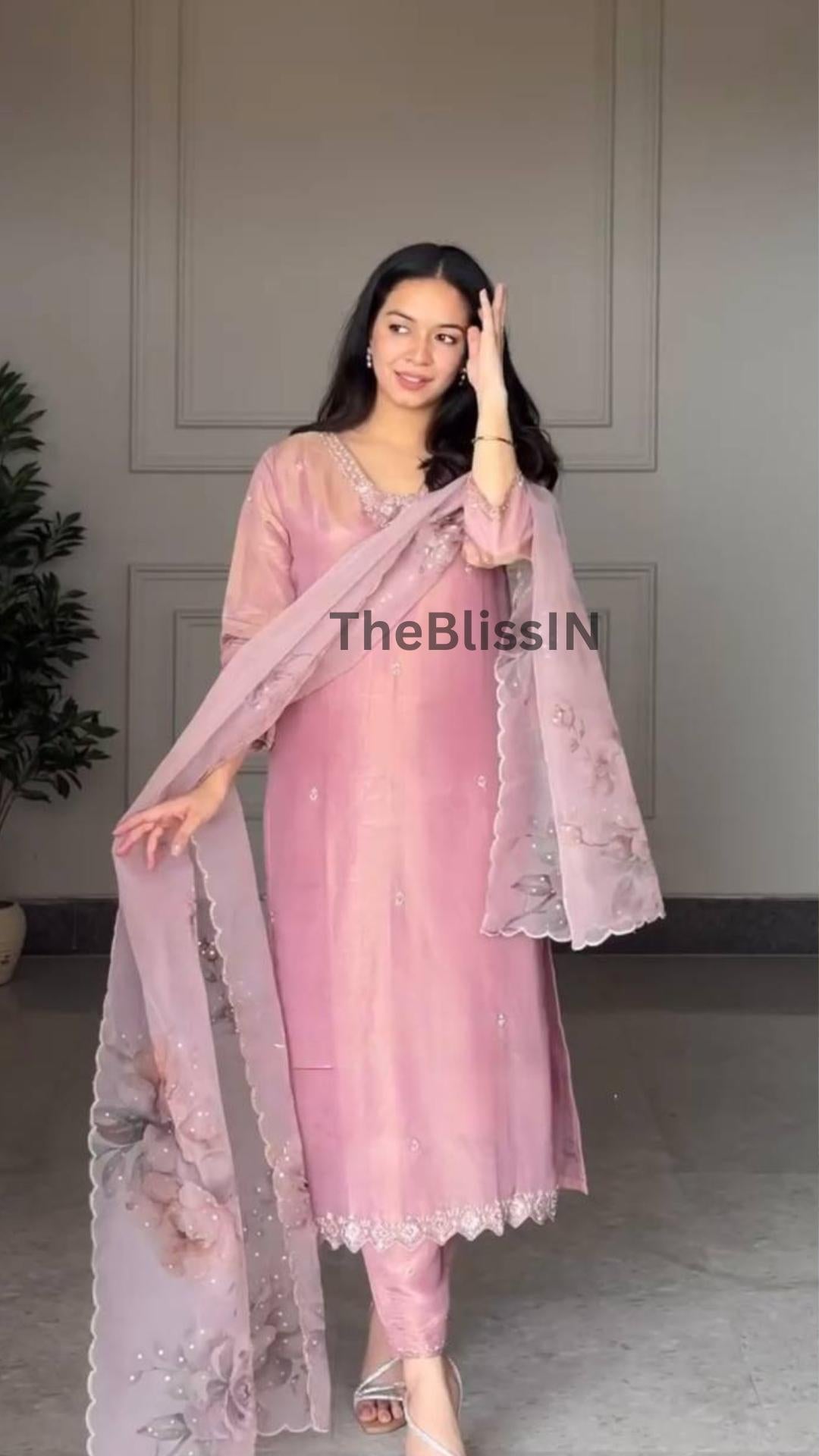 Indian Party Wear Crepe Salwar Suit Set with Palazzo & Printed Organza Dupatta