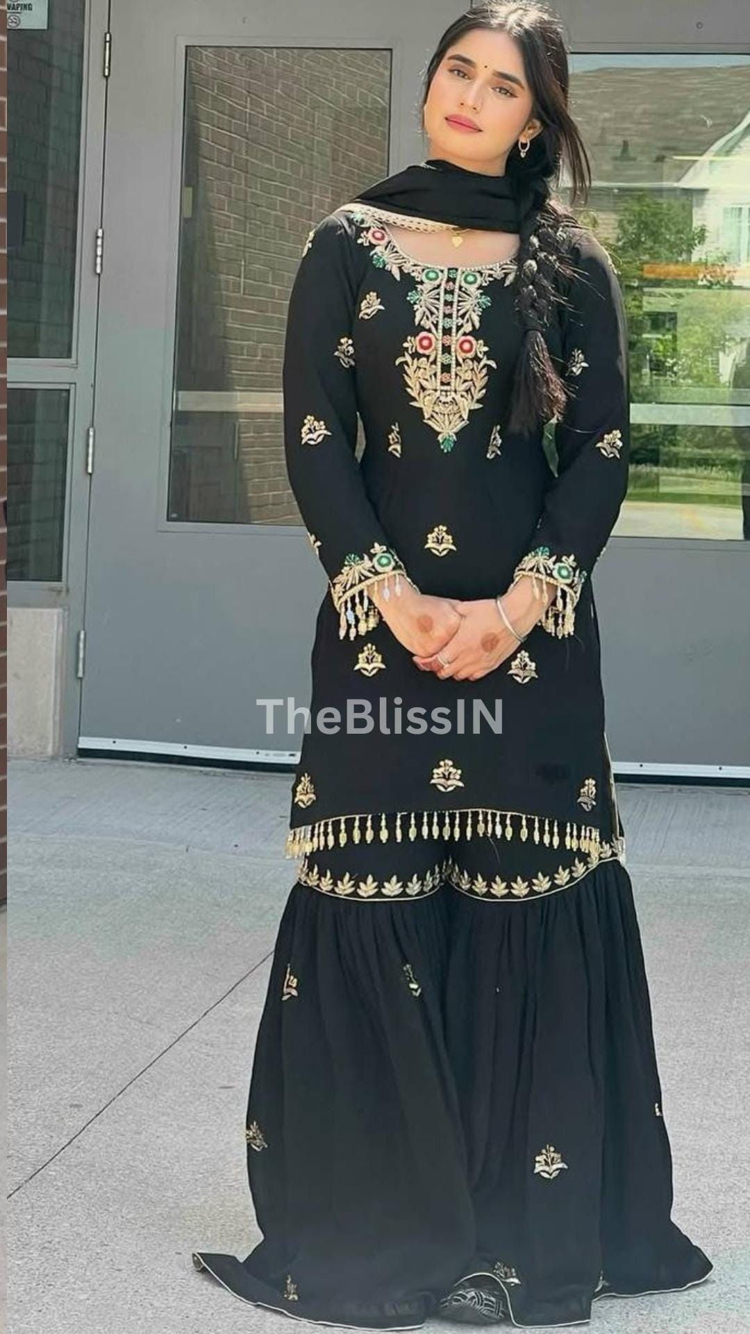 Chinon Silk Black Sharara Suit Set with Sequin Embroidery & Lace Dupatta