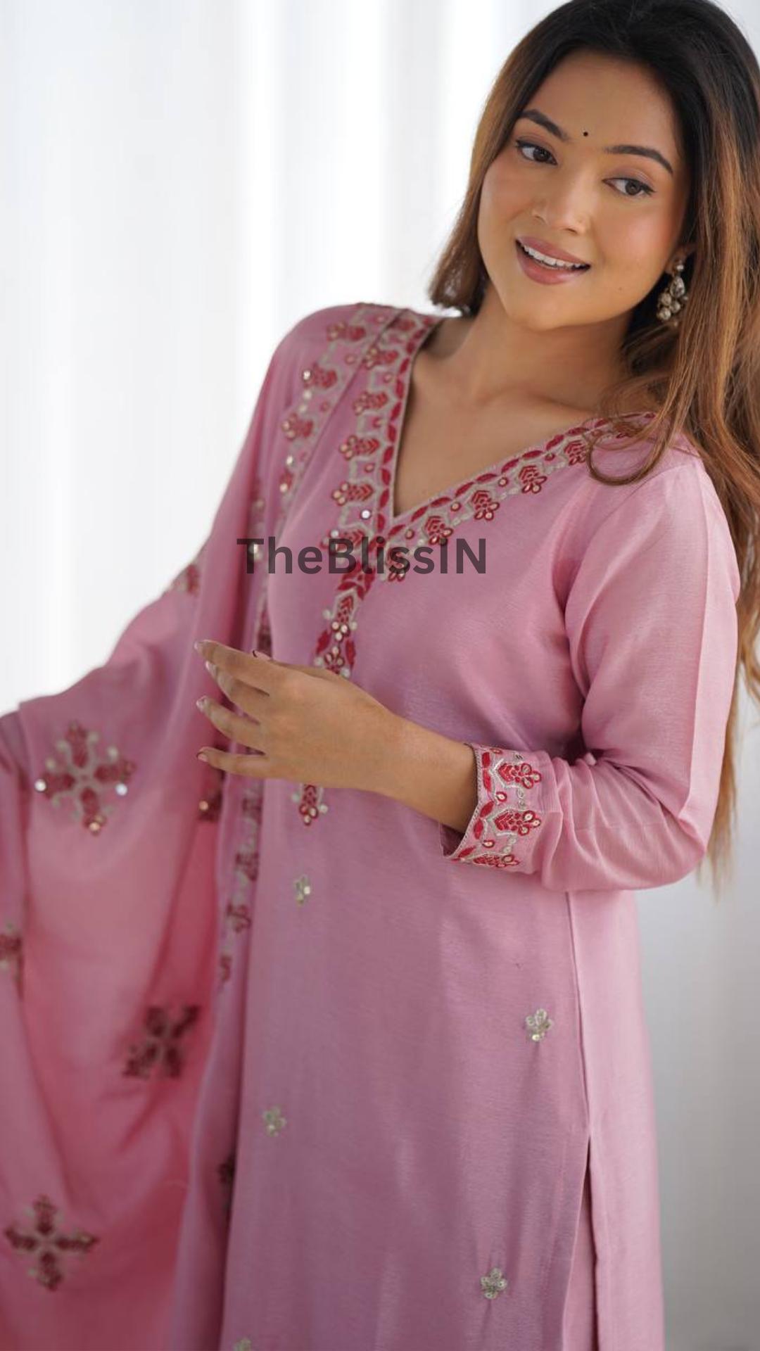 Artisanal Chinnon Silk Heavy Sequence Embroidered Kurta Bottom Dupatta Set
