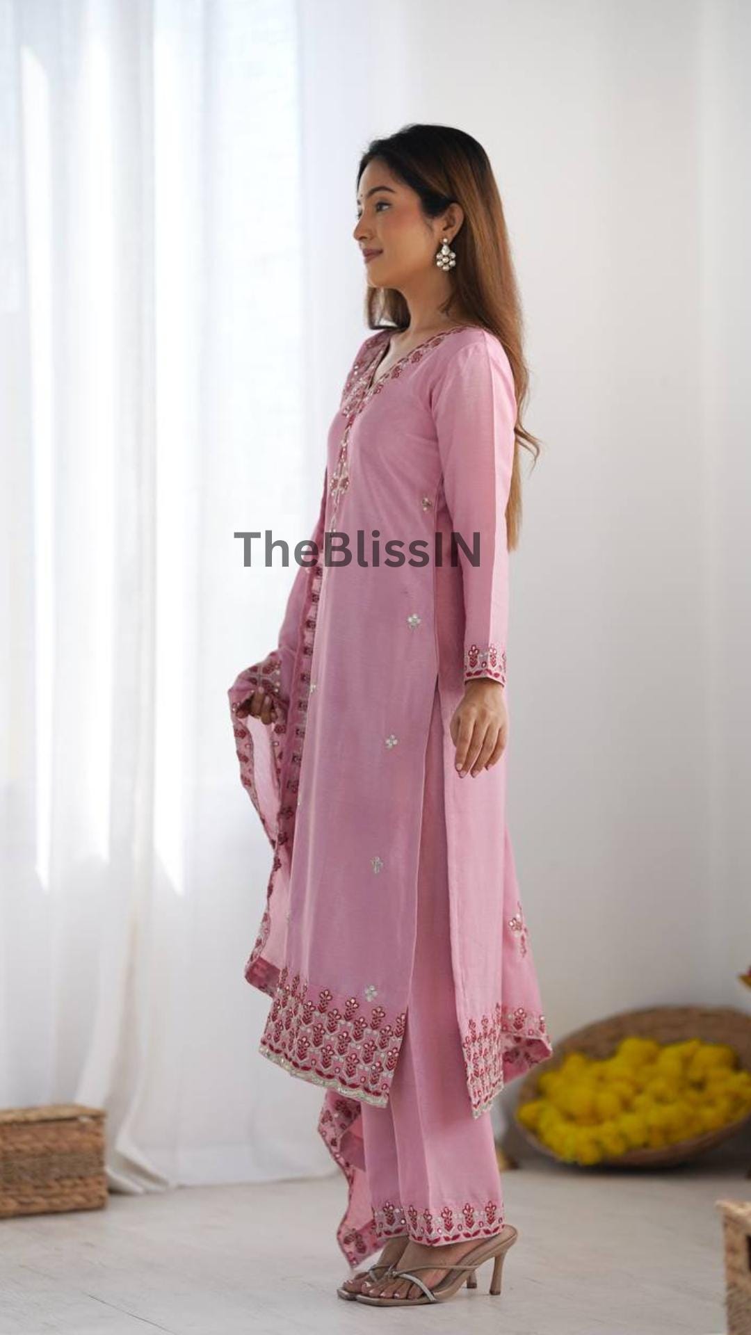 Artisanal Chinnon Silk Heavy Sequence Embroidered Kurta Bottom Dupatta Set