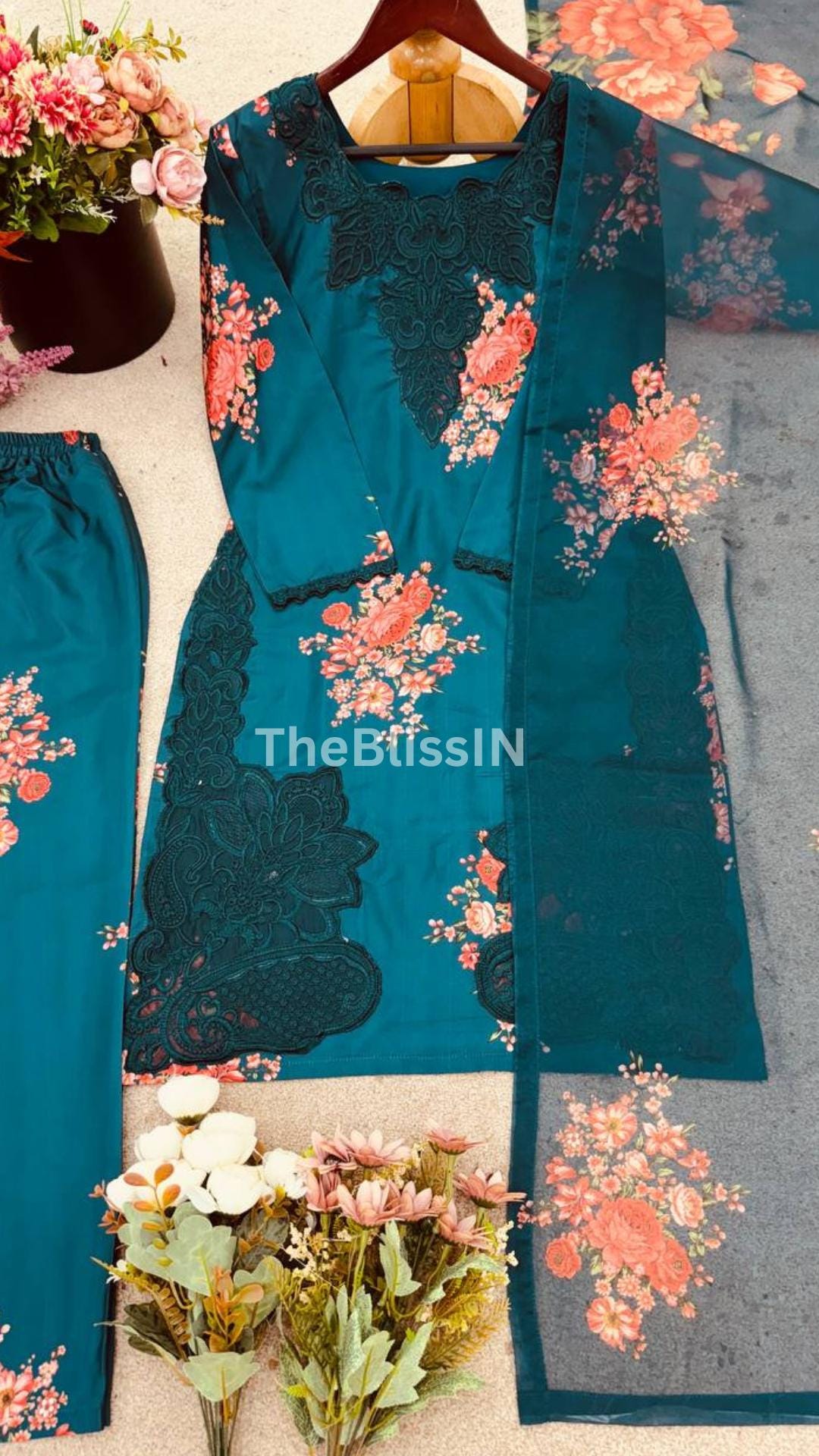 Blue Natural Crepe Palazzo Suit Set in Digital Print and Embroidered Work