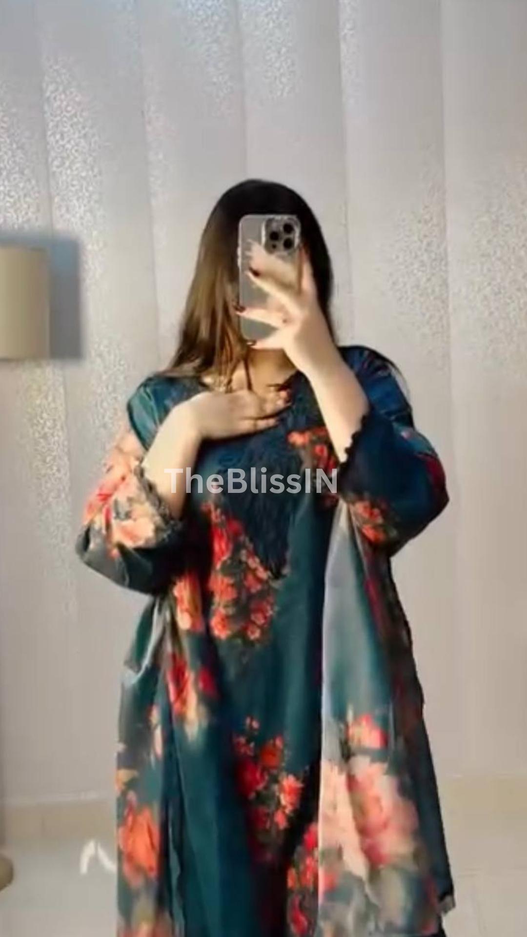 Blue Natural Crepe Palazzo Suit Set in Digital Print and Embroidered Work