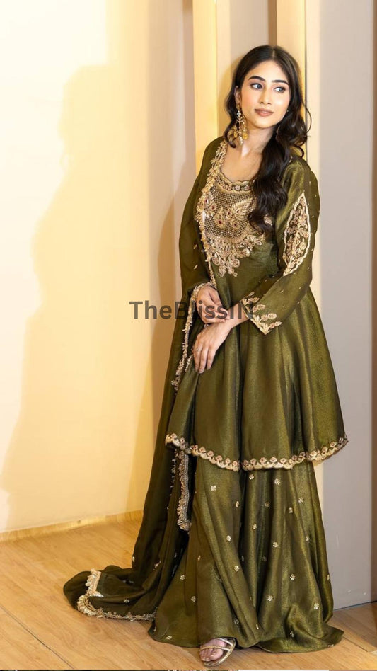 Pakistani Dark Green Eid Dress For Women's -  Sharara For Wedding