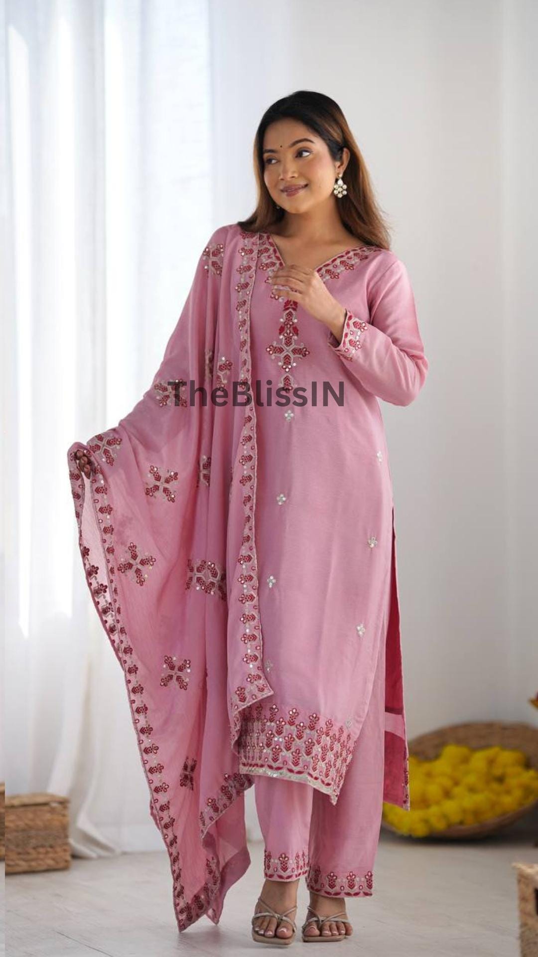 Artisanal Chinnon Silk Heavy Sequence Embroidered Kurta Bottom Dupatta Set