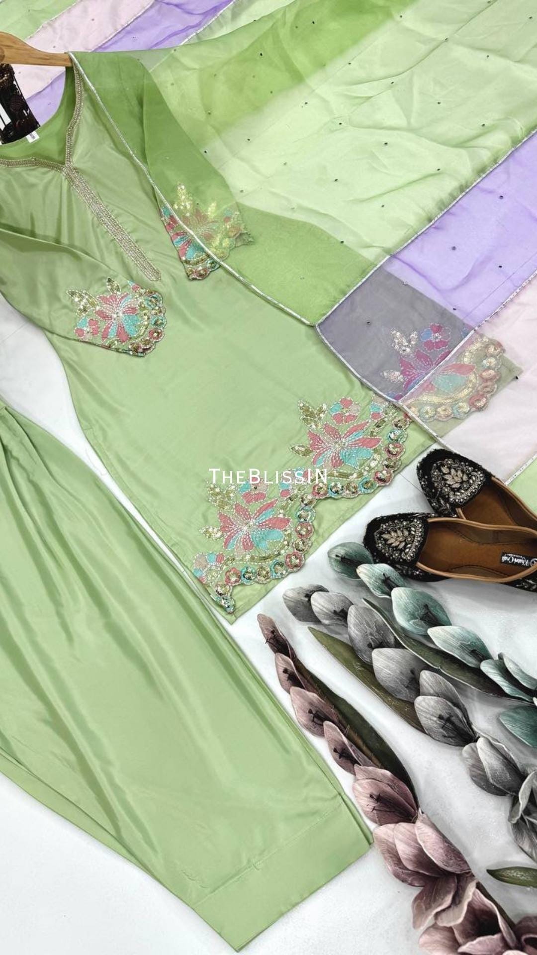 Mint Green  Heavy Crepe Kurti Suit Set with Embroidered Farshi Palazzo and Dupatta