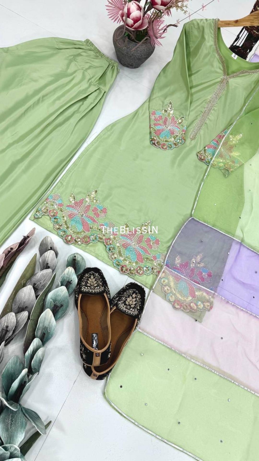Mint Green  Heavy Crepe Kurti Suit Set with Embroidered Farshi Palazzo and Dupatta