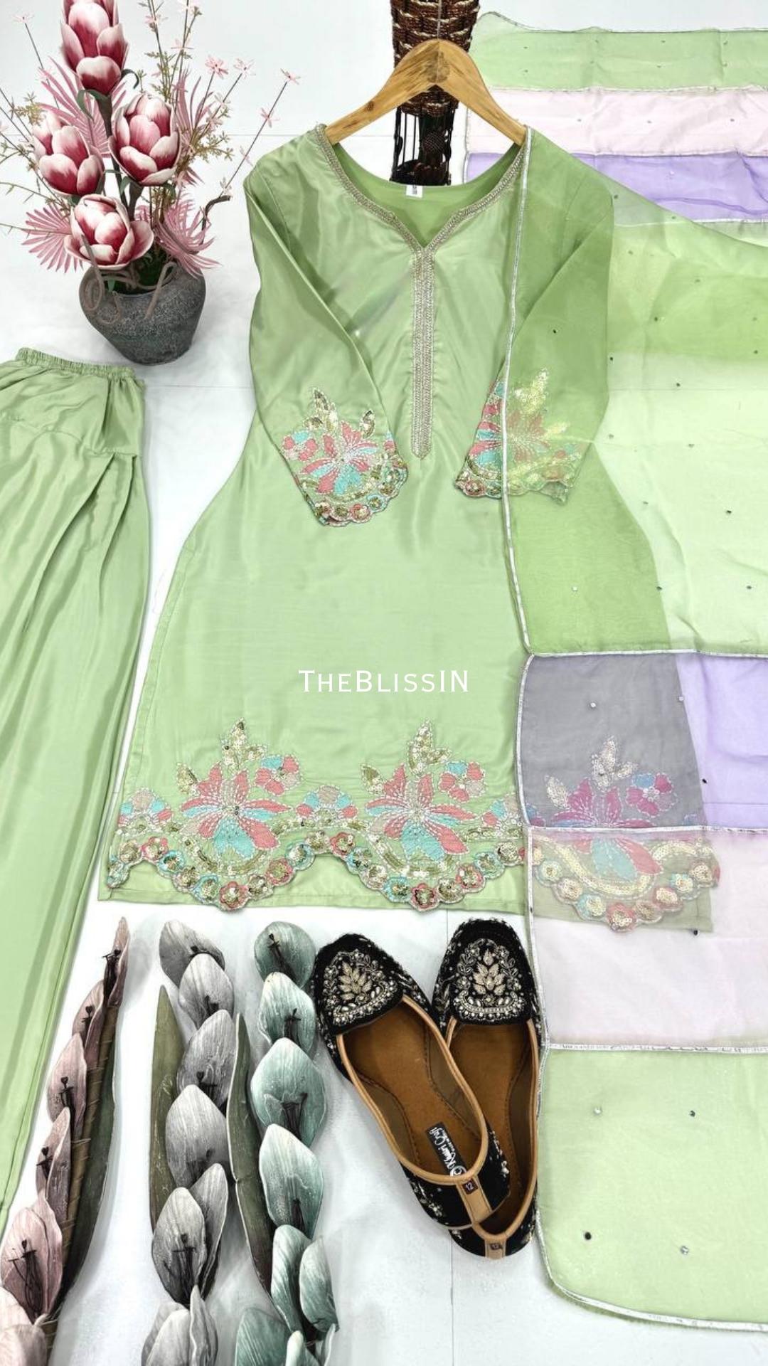 Mint Green  Heavy Crepe Kurti Suit Set with Embroidered Farshi Palazzo and Dupatta