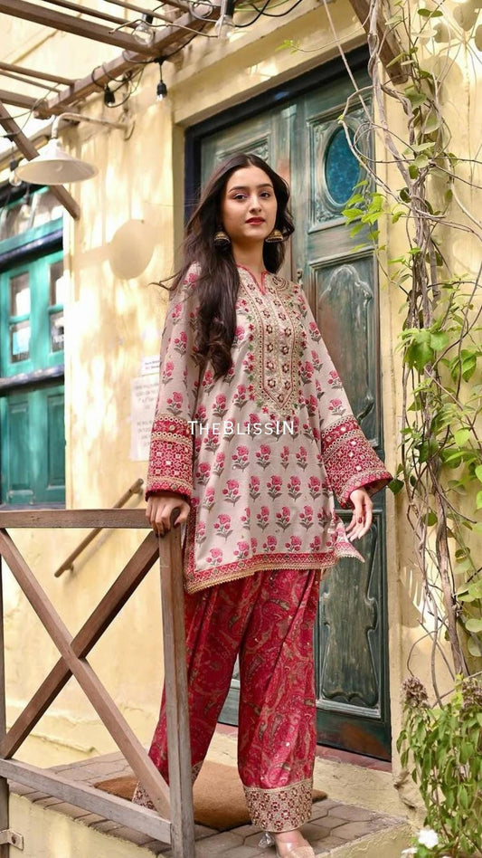 Floral Embroidered Crepe Kurti Suit, Farshi Palazzo, Mirror Work