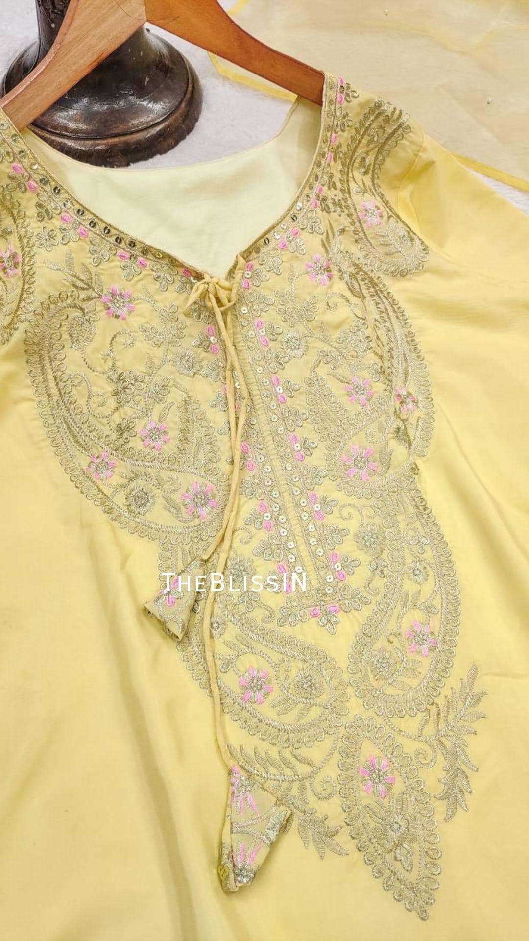 Lemon Yellow Crepe Silk Kurti Palazzo Suit, Embroidered Indian Outfit