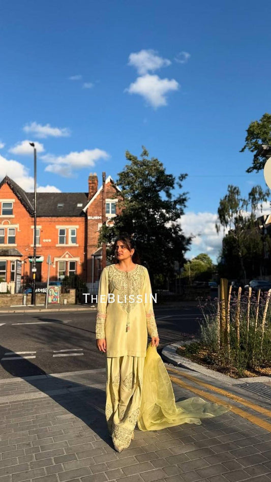Lemon Yellow Crepe Silk Kurti Palazzo Suit, Embroidered Indian Outfit
