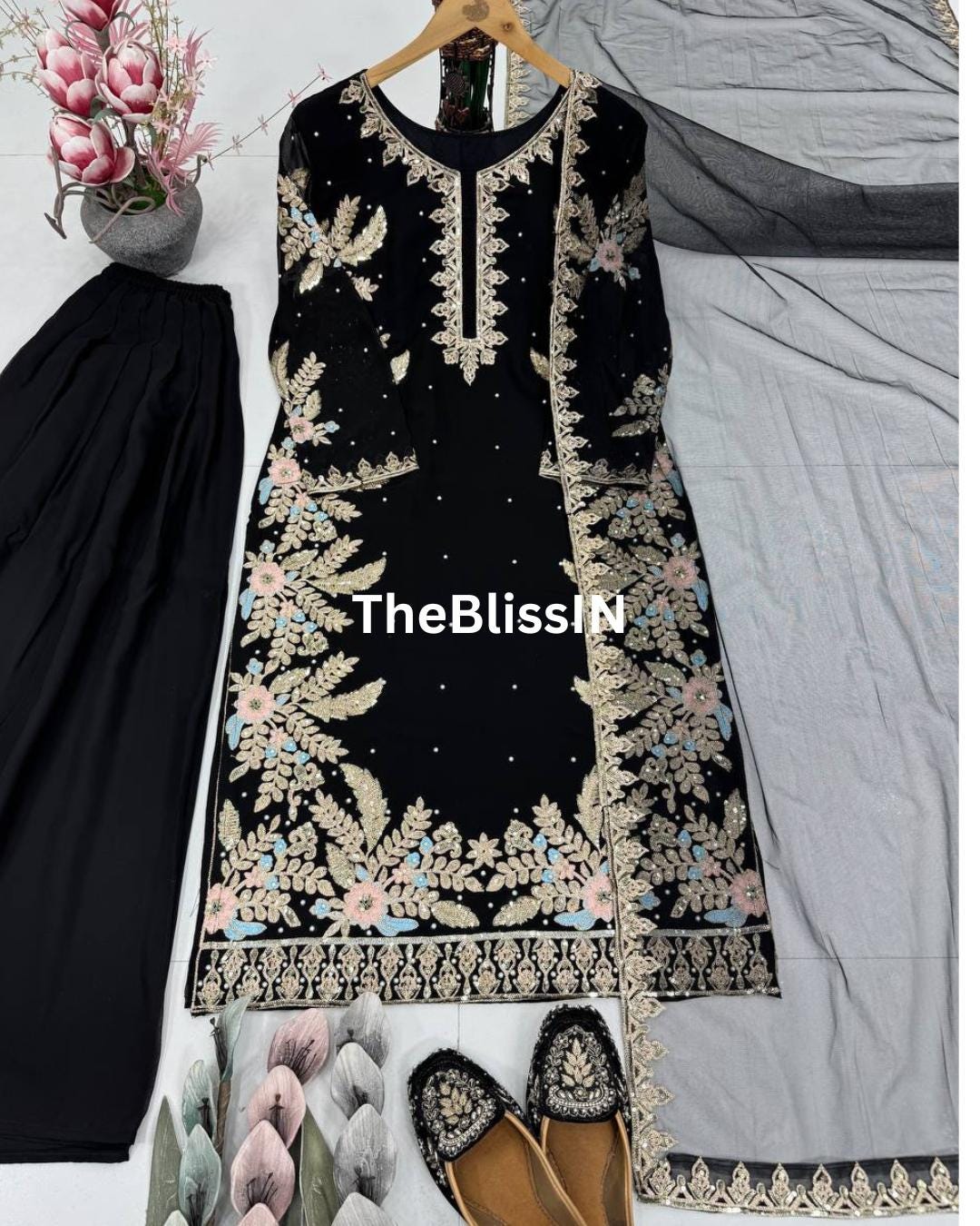 Elegant Faux Georgette Black Embroidered Kurti with Palazzo and Net Dupatta Set For Womens