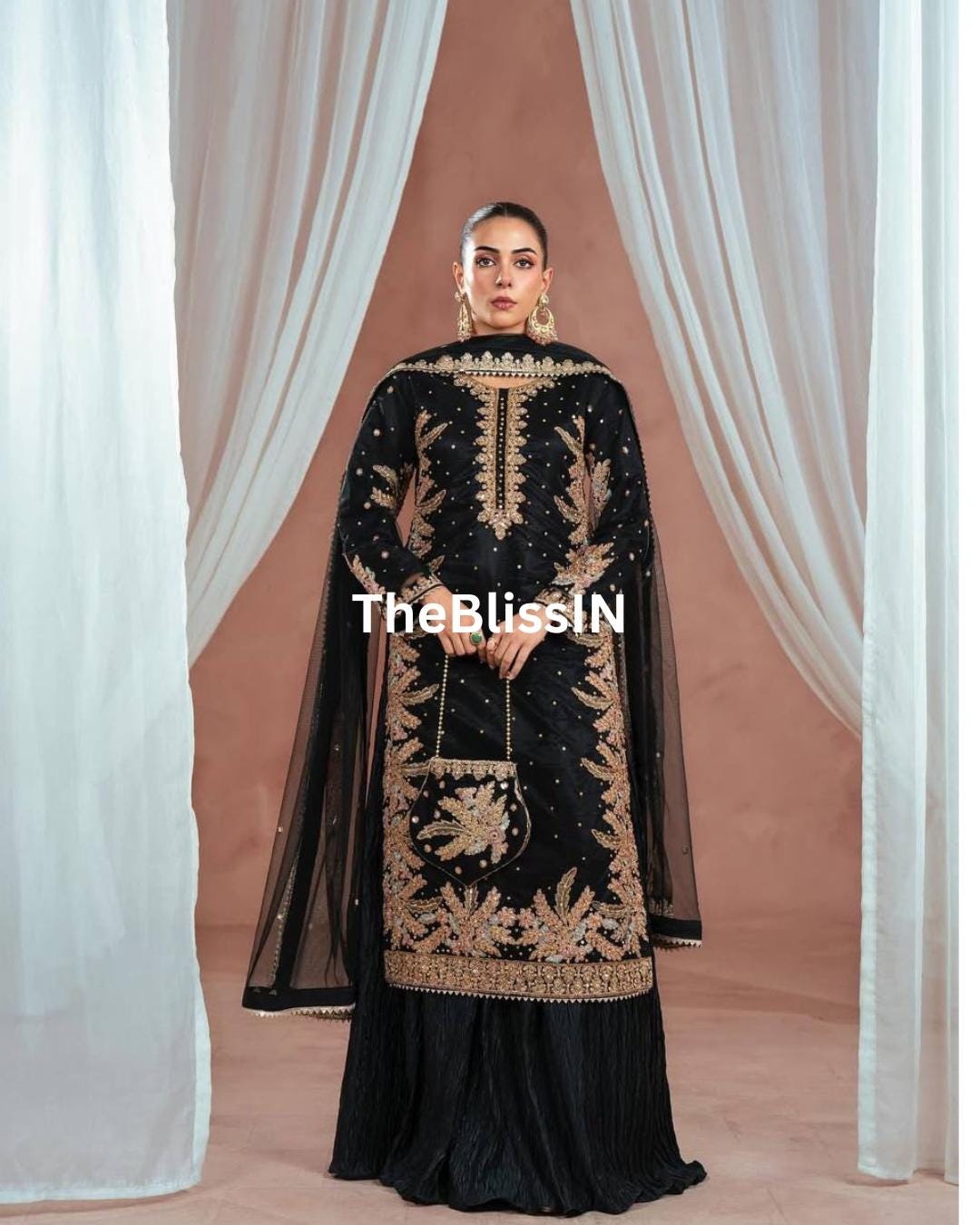 Elegant Faux Georgette Black Embroidered Kurti with Palazzo and Net Dupatta Set For Womens
