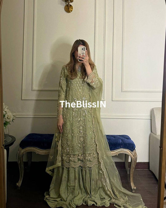 Embroidered Faux Georgette Palazzo Suit: Sequin Indian Wedding Guest Outfit