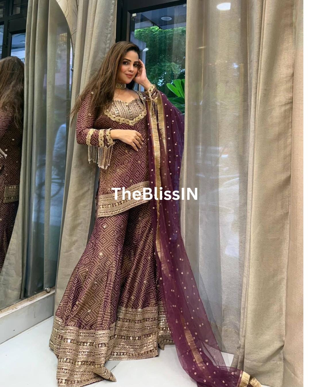 Designer Chinon Silk Printed Palazzo Suit with Sequin Embroidery and Dupatta