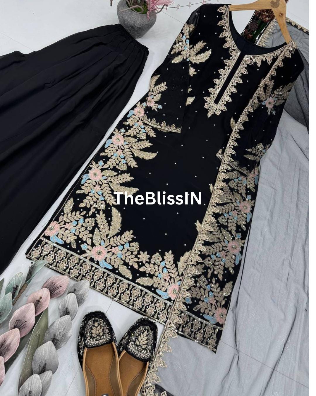 Elegant Faux Georgette Black Embroidered Kurti with Palazzo and Net Dupatta Set For Womens