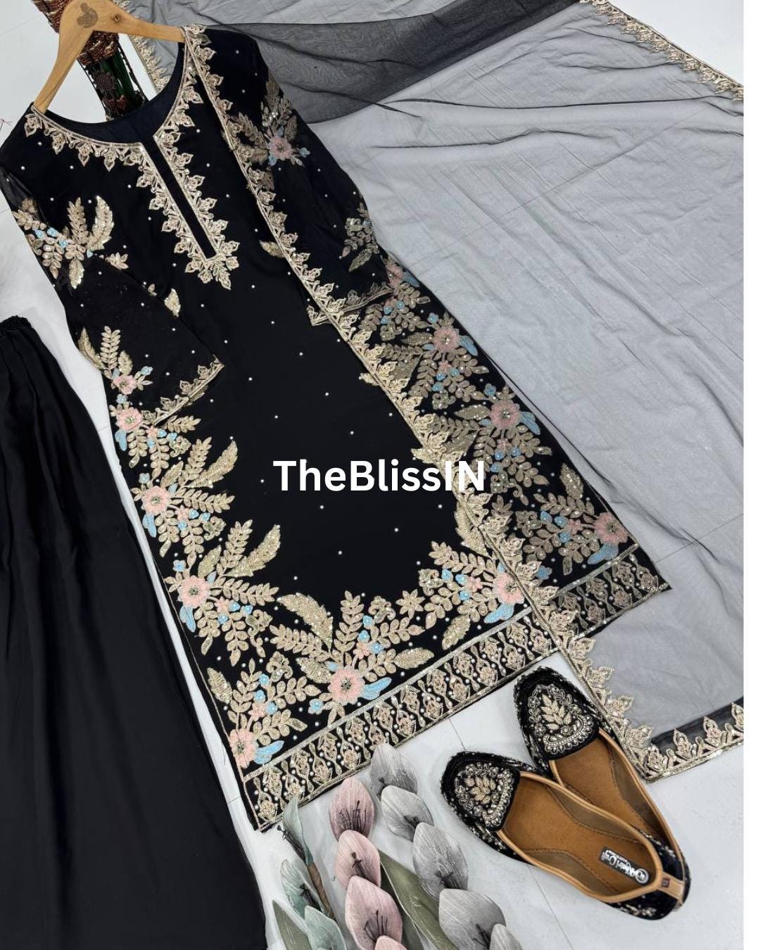 Elegant Faux Georgette Black Embroidered Kurti with Palazzo and Net Dupatta Set For Womens