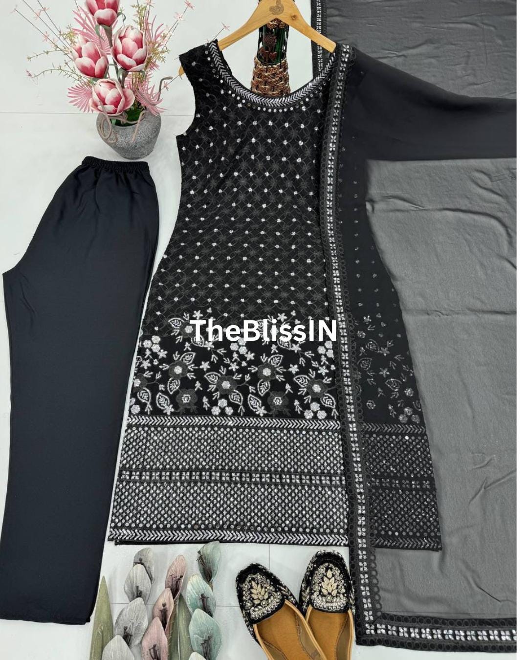 Pakistani Designer Kurta & Pant With Dupatta Heavy Sequin Work Georgette Suit Set