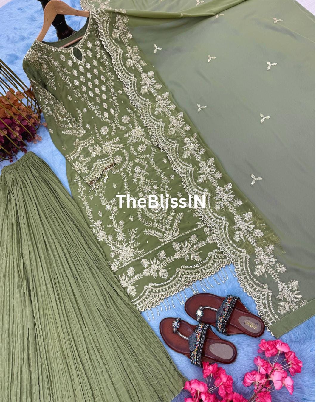 Embroidered Faux Georgette Palazzo Suit: Sequin Indian Wedding Guest Outfit