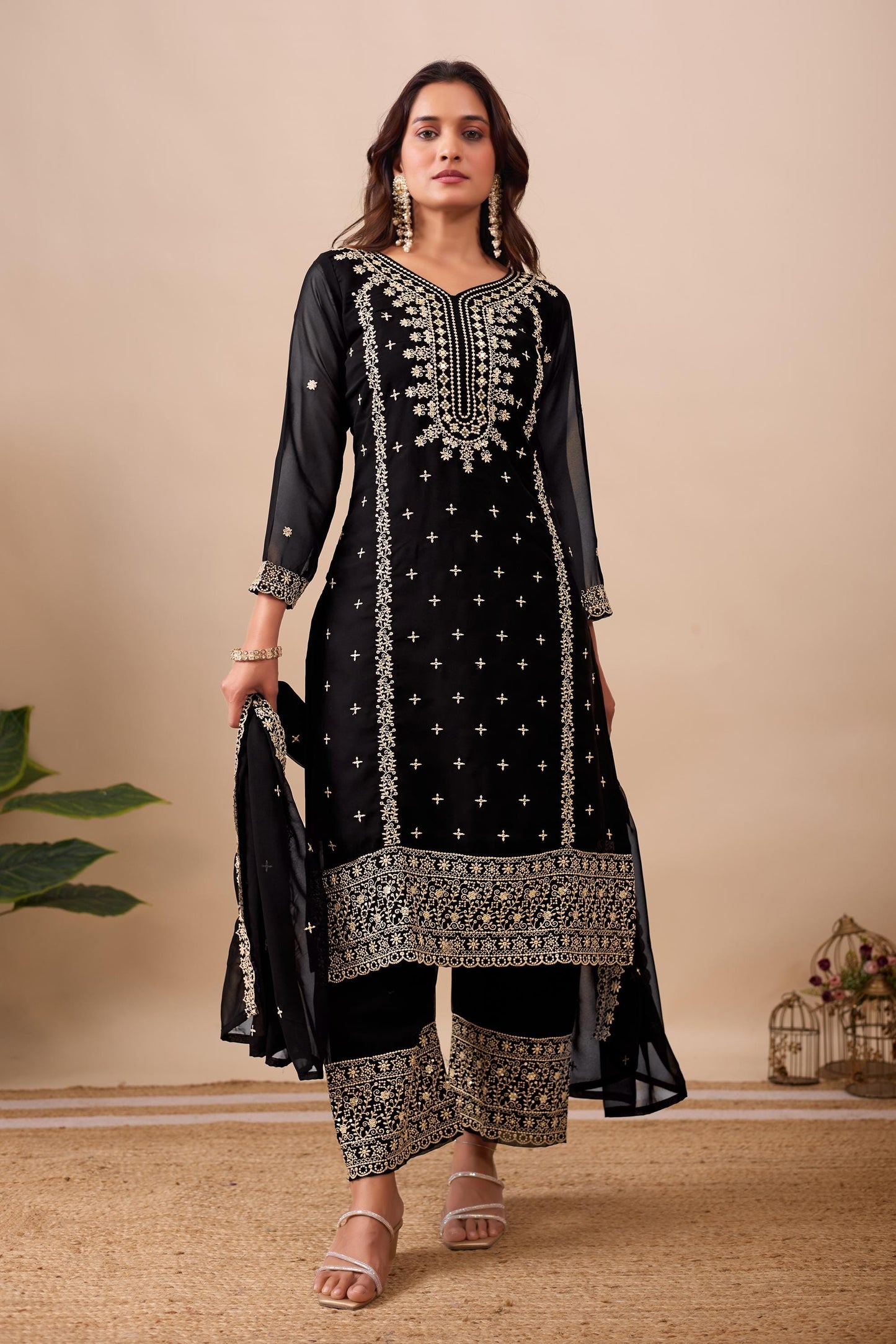 Black Heavy Embroidered Georgette Suit Set with Sequins, Dupatta & Pants