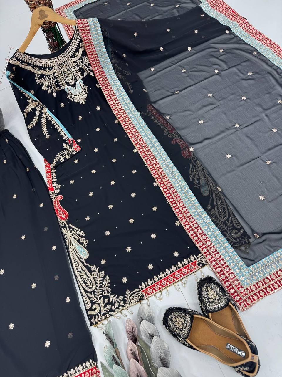 Black Party Wear Embroidered Georgette Suit Set with Sequins, Dupatta & Pants