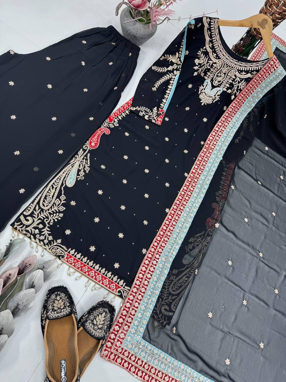 Black Party Wear Embroidered Georgette Suit Set with Sequins, Dupatta & Pants