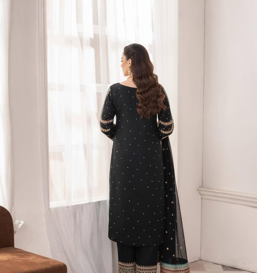 Black Party Wear Embroidered Georgette Suit Set with Sequins, Dupatta & Pants
