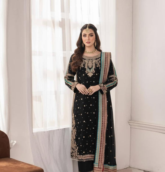Black Party Wear Embroidered Georgette Suit Set with Sequins, Dupatta & Pants