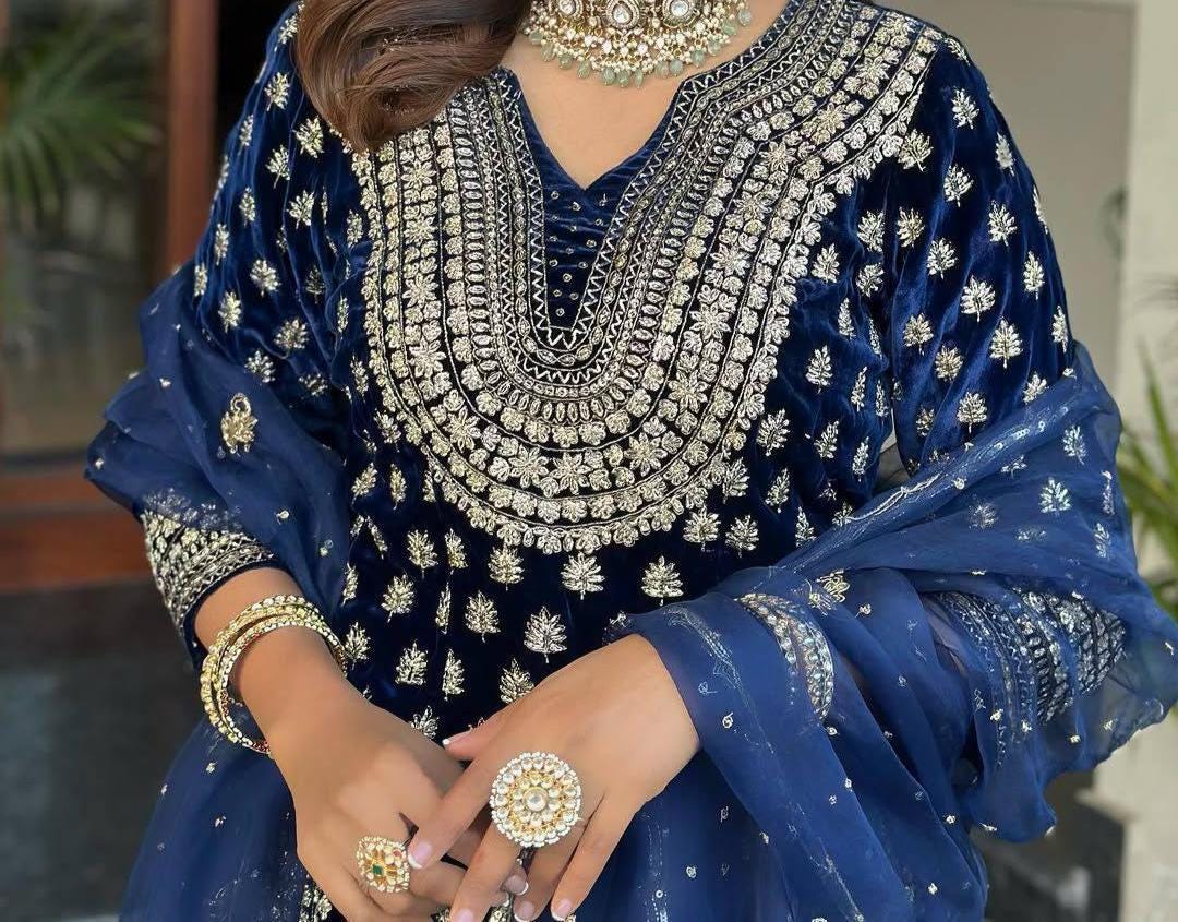 Stylish Blue Two-Tone Velvet Embroidered Suit Set with Palazzo & Dupatta