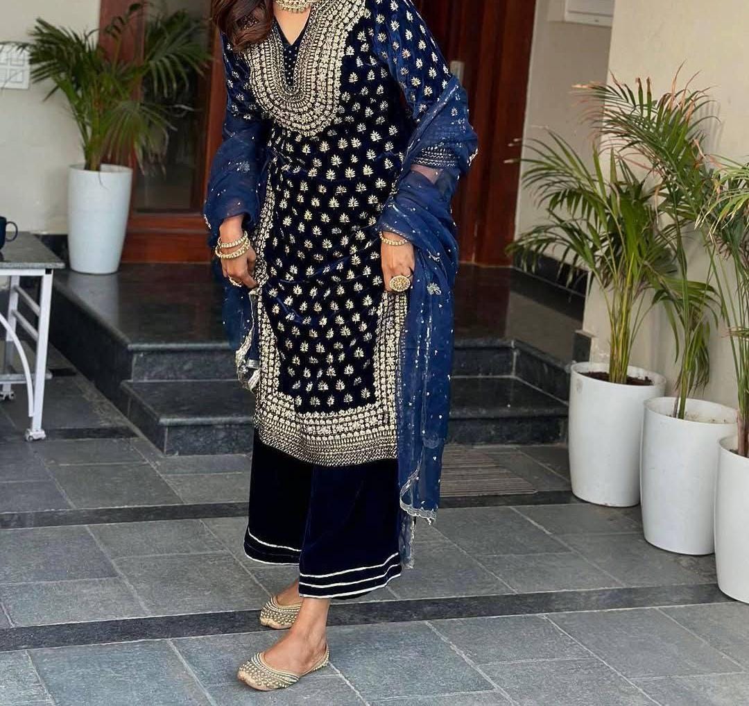 Stylish Blue Two-Tone Velvet Embroidered Suit Set with Palazzo & Dupatta