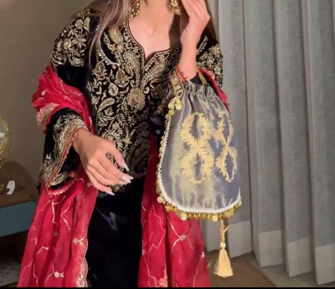 Velvet Winter Wear Embroidered Kurti Palazzo Suit Set with Sequin Zari Work Dupatta