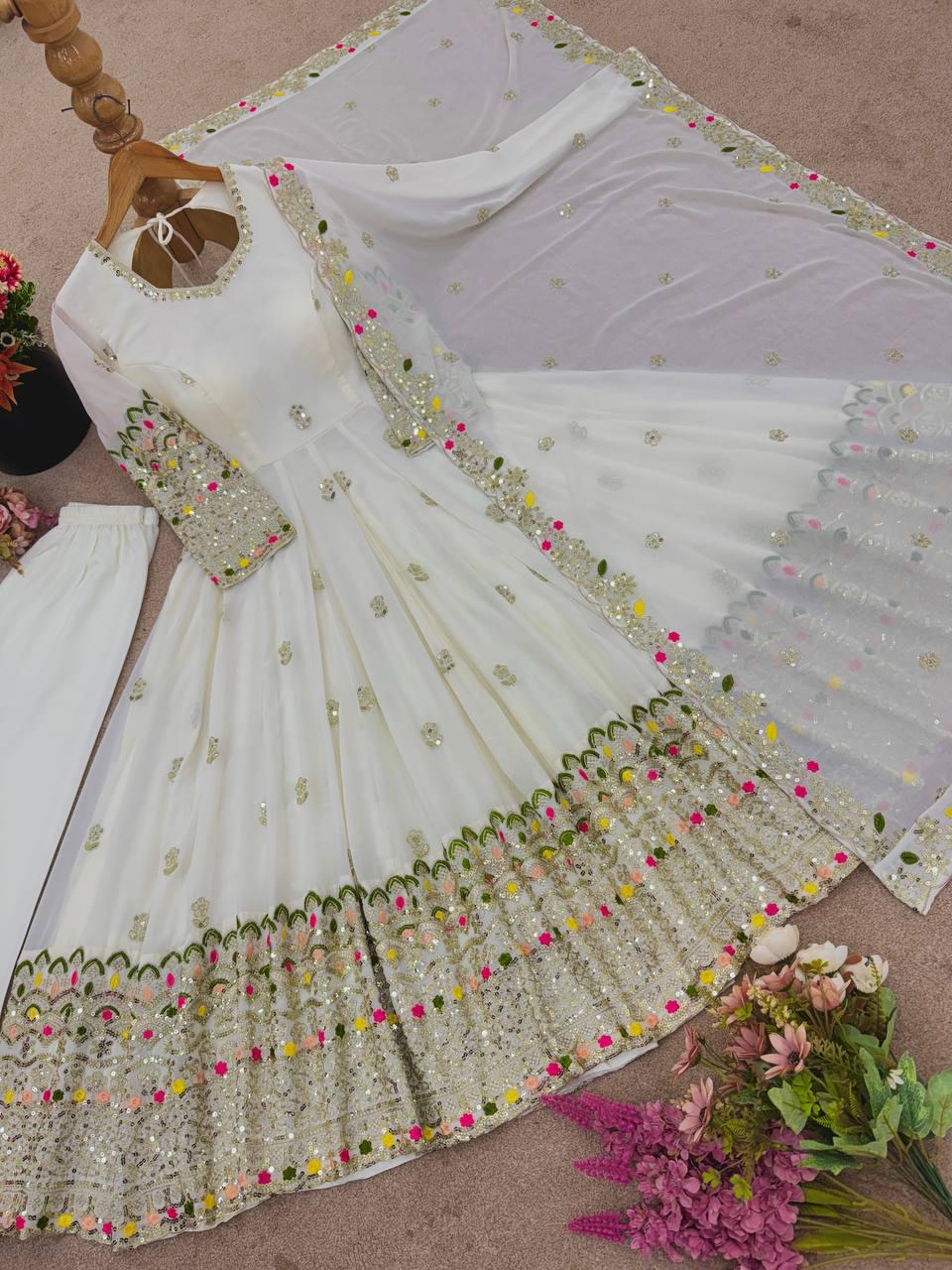 Luxury White Embroidered Anarkali Dress with Heavy Sequence Work for Women Wear