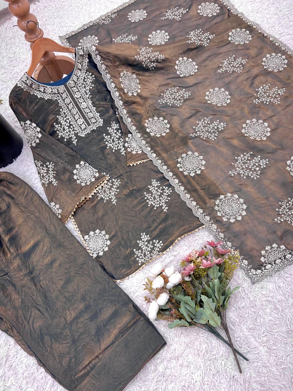 Elegant Embroidered Sequence Work Designer Suit Set in Heavy Fendy Silk for Party Wear