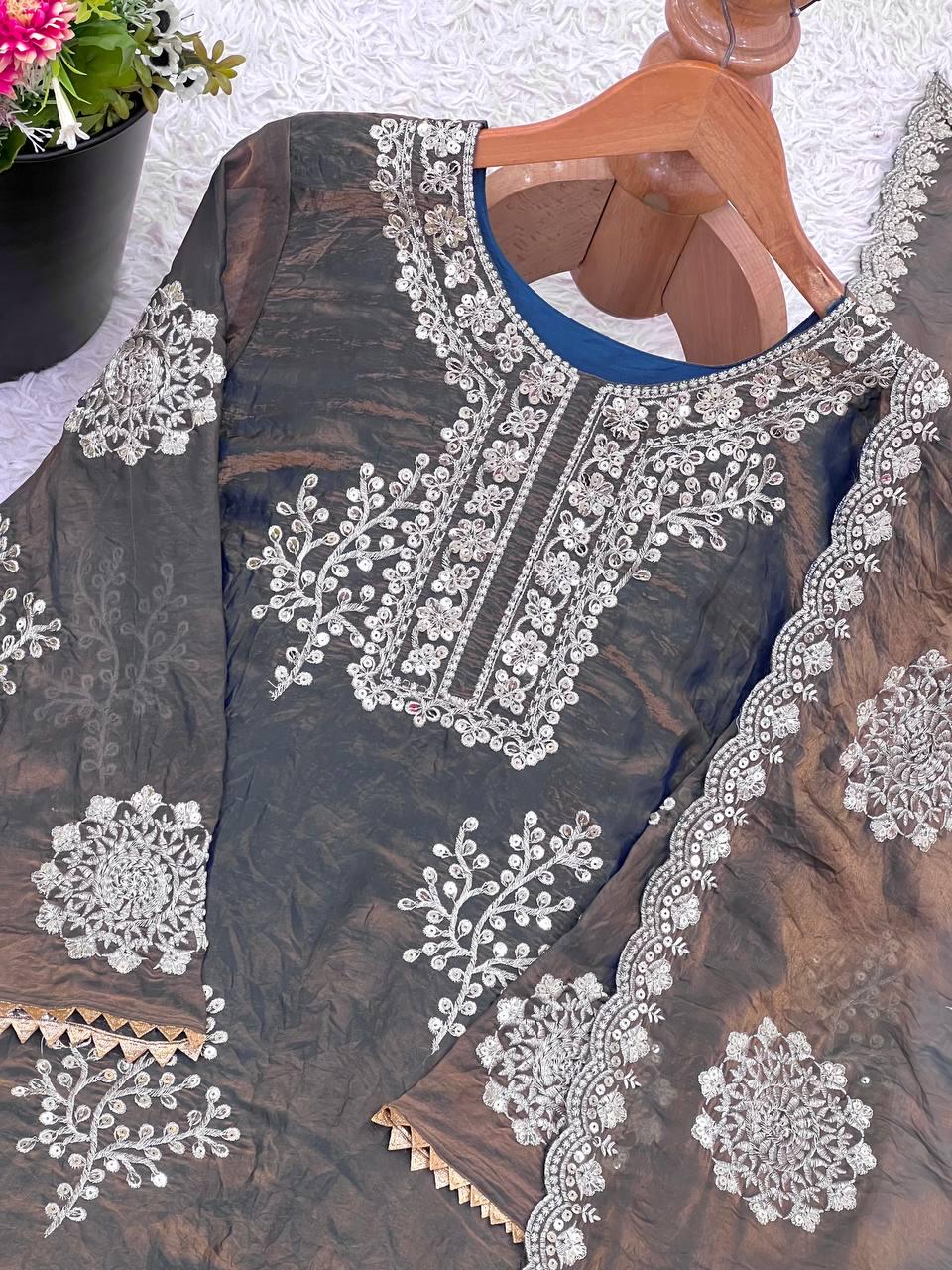 Elegant Embroidered Sequence Work Designer Suit Set in Heavy Fendy Silk for Party Wear