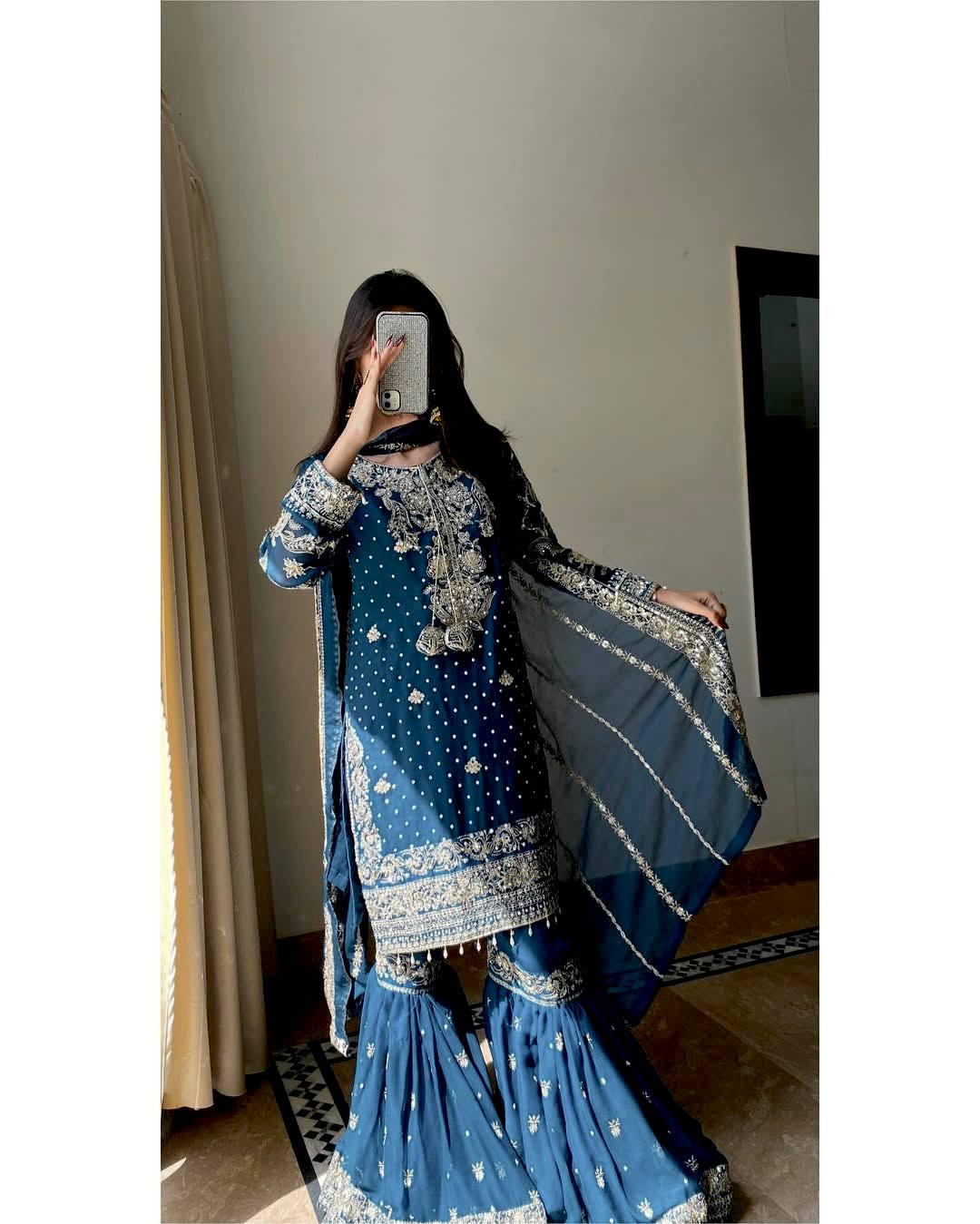 Georgette Kurti Sharara Suit with Elegant Sequin Zari Embroidery Work | Festive Wear