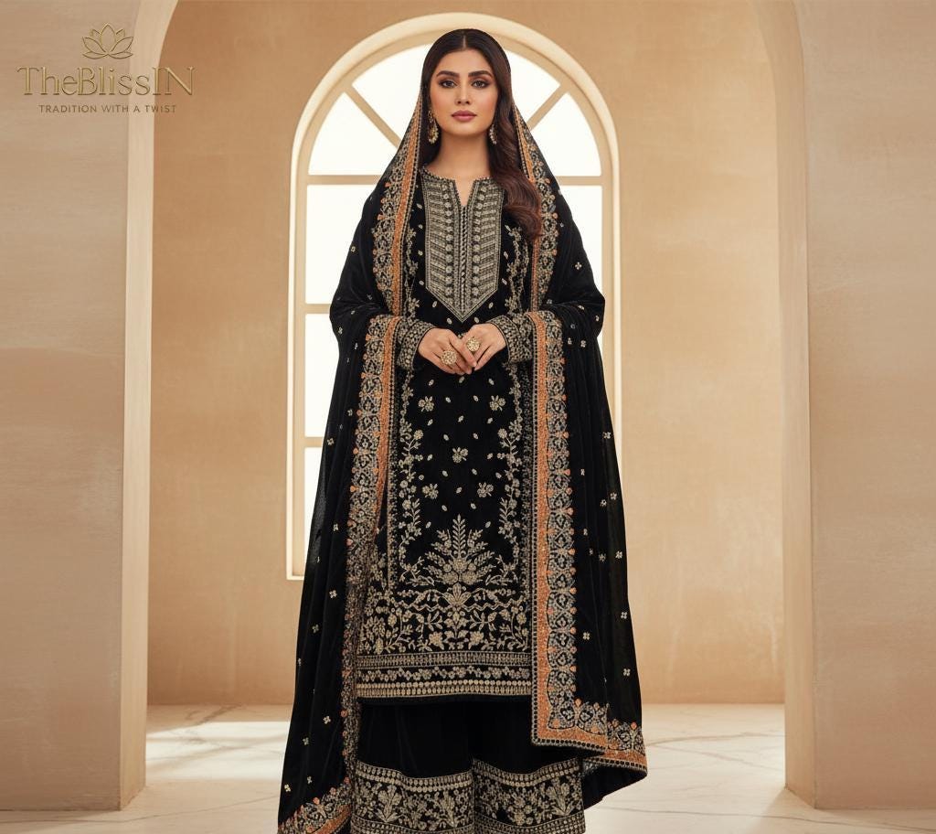 Luxury Velvet Kurti Plazzo Dupatta Set | Heavy Sequin & Zari Embroidery Work | Ready To Wear