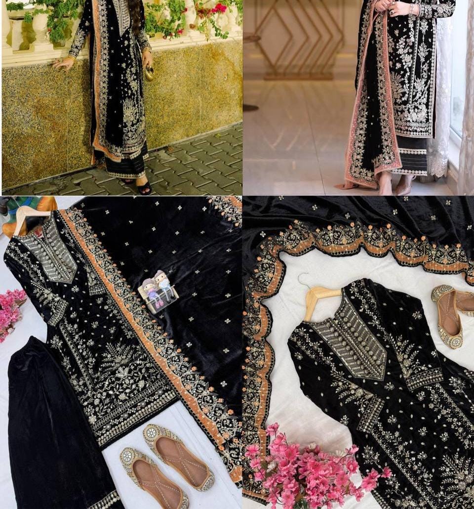 Luxury Velvet Kurti Plazzo Dupatta Set | Heavy Sequin & Zari Embroidery Work | Ready To Wear