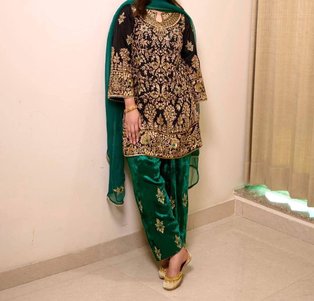 Designer Velvet Kurti Pant Dupatta Set | Sequin Zari Embroidery Work Party Wear