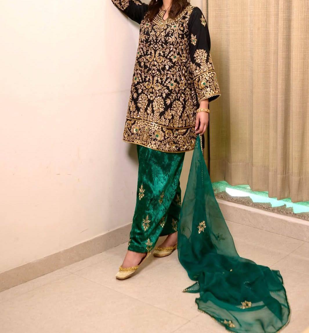 Designer Velvet Kurti Pant Dupatta Set | Sequin Zari Embroidery Work Party Wear