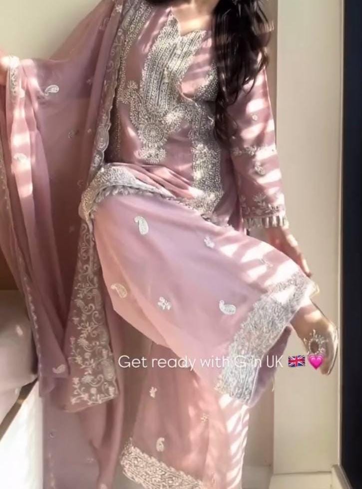 Embroidered Faux Georgette Kurti Palazzo Suit | Sequin & Pearl Work