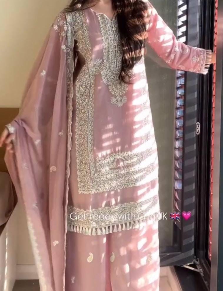Embroidered Faux Georgette Kurti Palazzo Suit | Sequin & Pearl Work